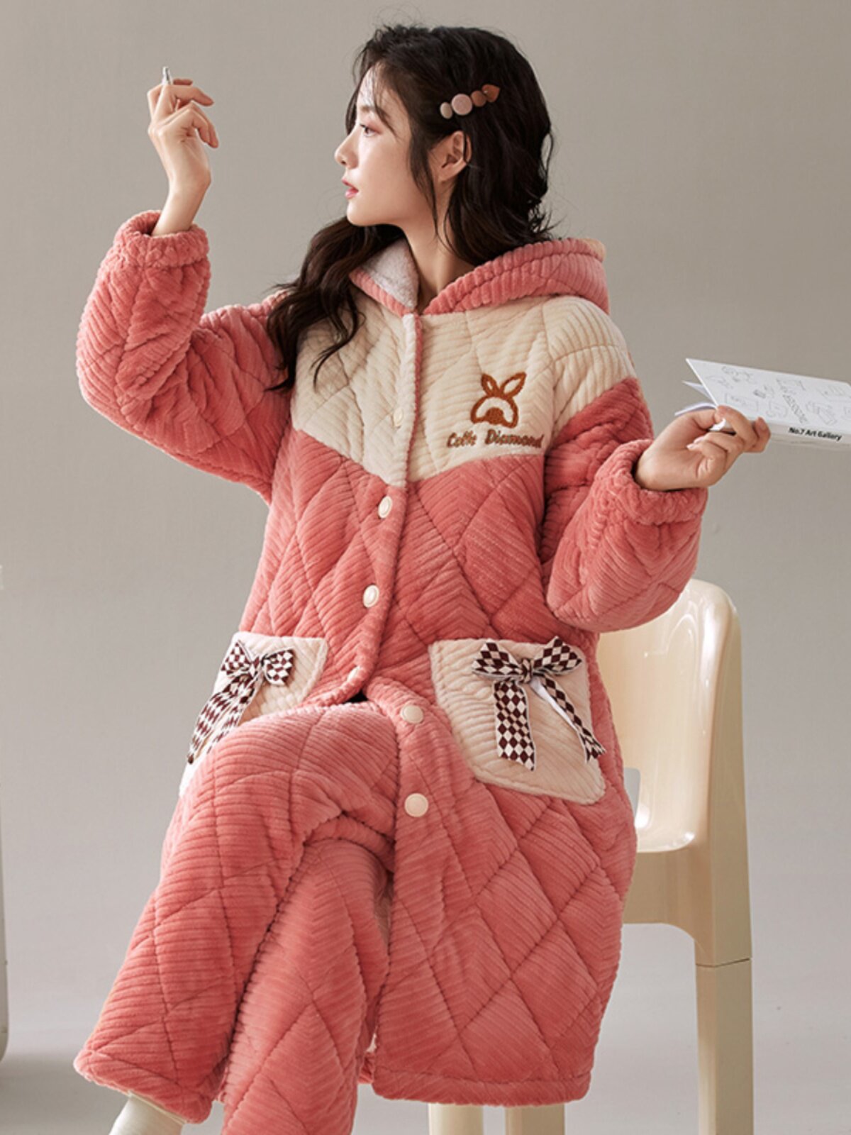 CORAL VELVET MID-LENGTH DRESSING GOWN WOMENS AUTUMN AND WINTER 2023 NEW THREE-LAYER PADDED PADDED PLUSH WARM LOUNGEWEAR