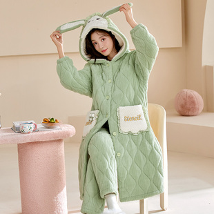 秋冬季睡袍女珊瑚绒加厚保暖三层夹棉袄冬款加绒可外穿睡衣家居服