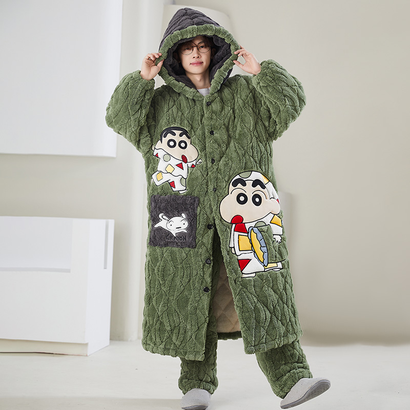 男士睡衣秋冬款珊瑚绒三层夹棉加绒加厚套装长款睡袍家居服冬季天