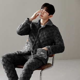 睡衣男冬季三层加厚加绒夹棉珊瑚绒超厚大码可外穿法兰绒保暖套装