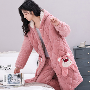 睡袍女冬季加厚加绒珊瑚绒长款三层夹棉袄保暖睡衣女秋冬款家居服