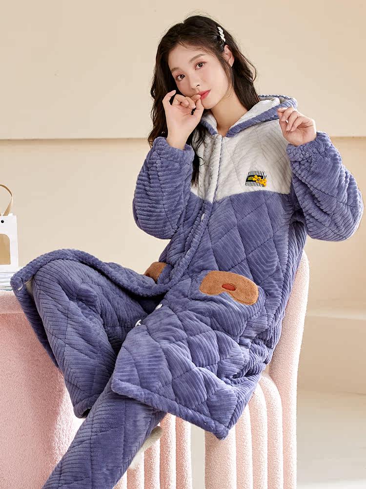 PAJAMAS WOMENS AUTUMN AND WINTER CORAL VELVET AND THICKENED THREE-LAYER PADDED DRESSING GOWNS WEAR SWEET AND CUTE HOODED LOUNGEWEAR