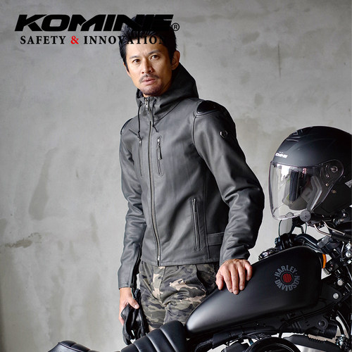 KOMINE秋冬机车复古骑行连帽皮衣
