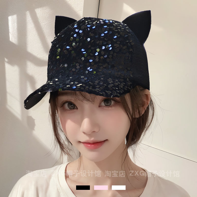 可爱猫耳朵学生百搭鸭舌帽子女士棒球帽春夏秋遮阳防晒潮流刺绣帽