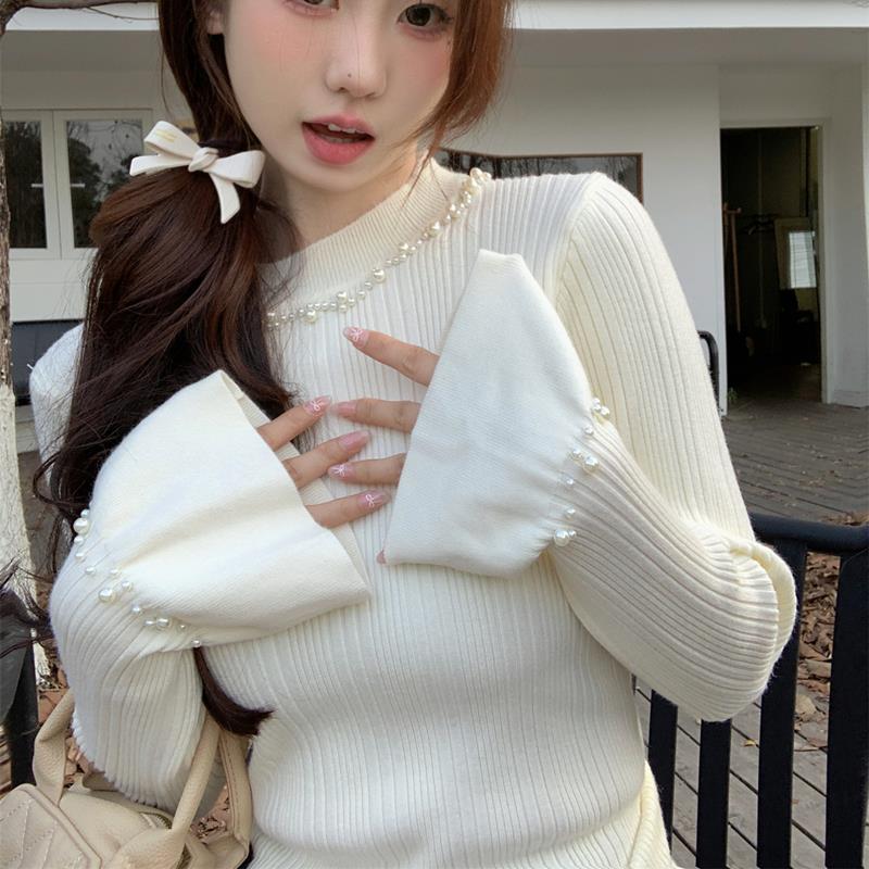 绝美钉珠高级打底衫女秋冬法式喇叭袖针织衫内搭修身毛衣洋气上衣
