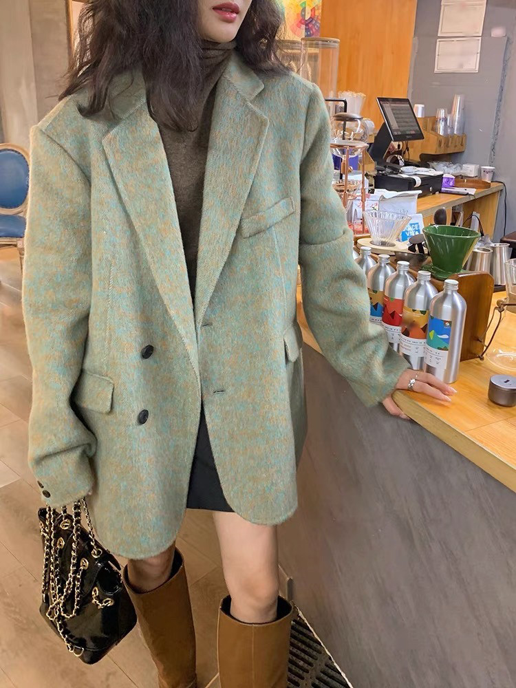 sashalive新款韩版宽松格子毛呢西装外套女小个子加厚西服上衣