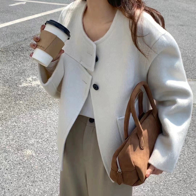 2024新品小香风手工双面羊绒大衣赫本风小个子纯色羊毛毛呢外套