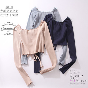 舞蹈练功服芭蕾风古典爵士舞服装长袖女一字领形体短款瑜伽上衣