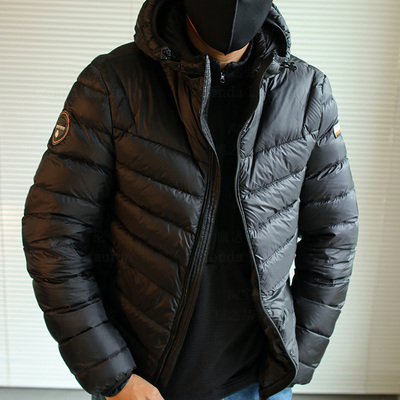 出口欧洲单 600+蓬松男士户外三防面料轻量连帽秋冬羽绒服
