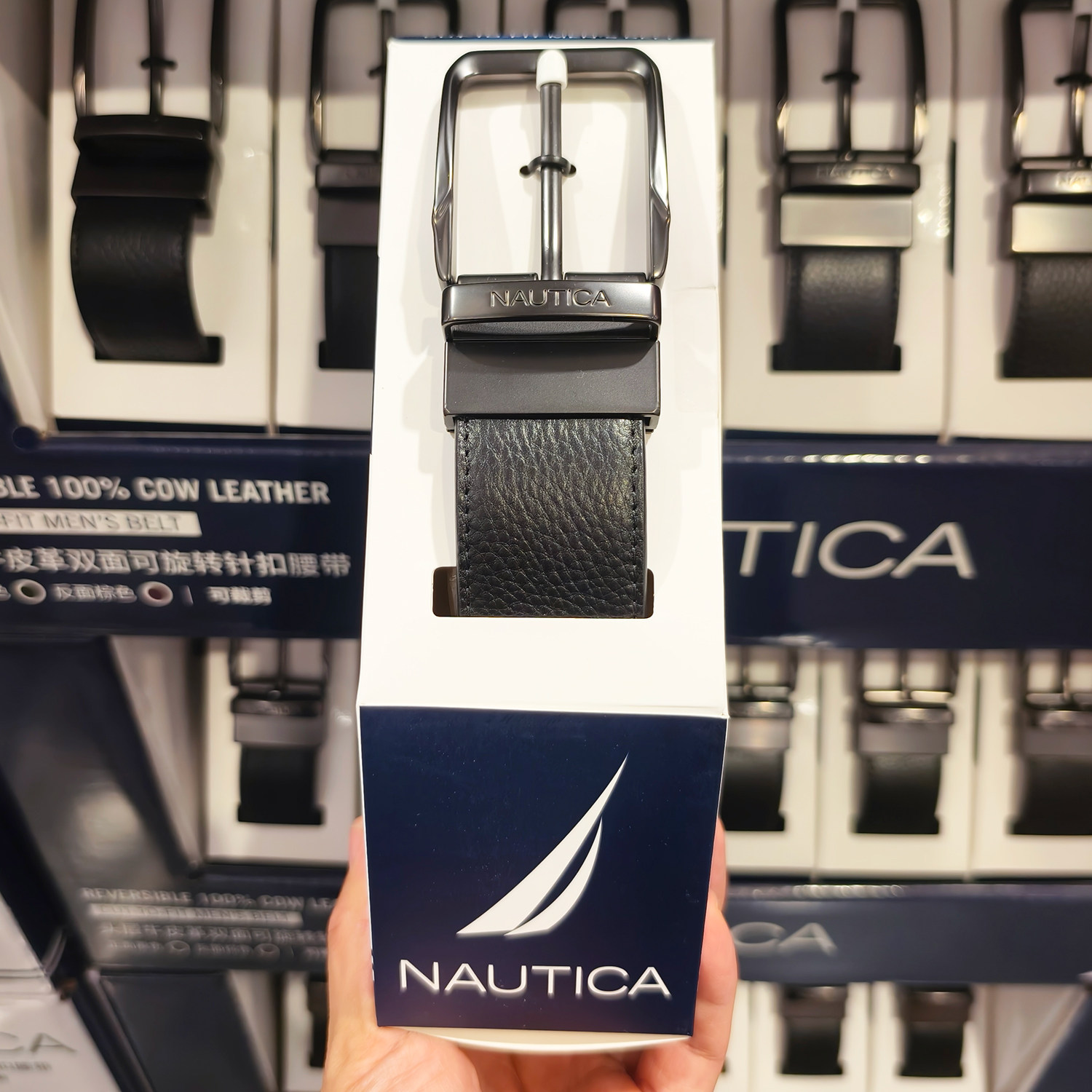 开市客nautica诺帝卡男士皮带真皮黑色棕色双面用牛皮革腰带裤带
