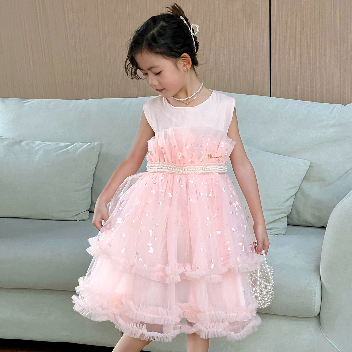 迪士尼女童无袖连衣裙夏季中小童装纱纱裙公主裙生日礼服裙背心裙