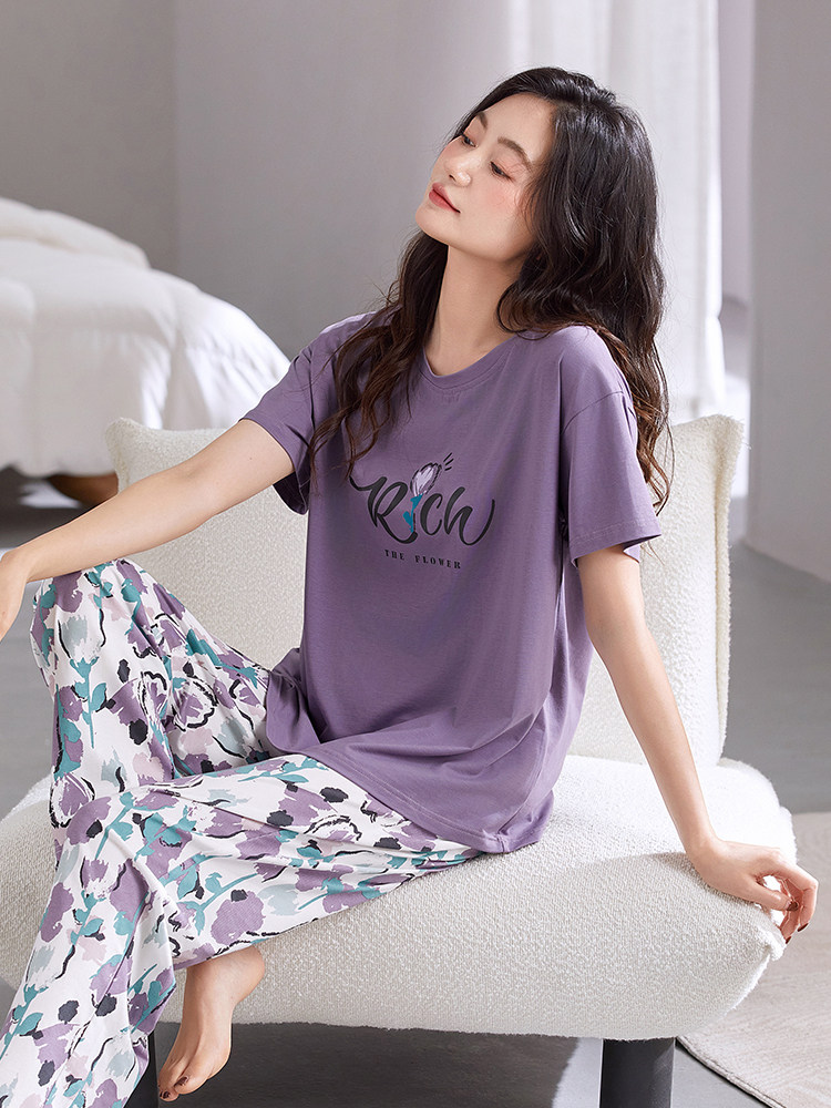 睡衣女士夏季莫代尔短袖长裤薄款夏天夏款冰丝凉感中年妈妈家居服