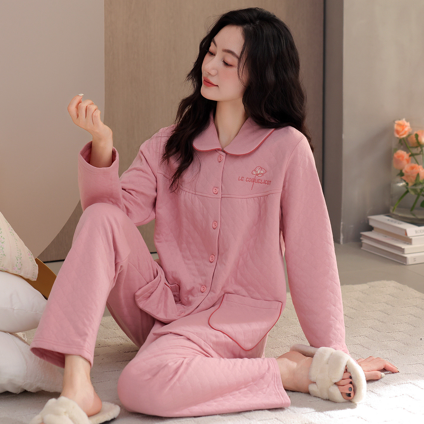 睡衣女士春秋款加厚纯棉长袖中年妈妈秋冬季夹棉大码空气棉家居服