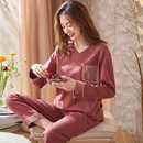 V领休闲家居服可外穿中年妈妈套装 薄款 秋季 春秋睡衣女士纯棉长袖