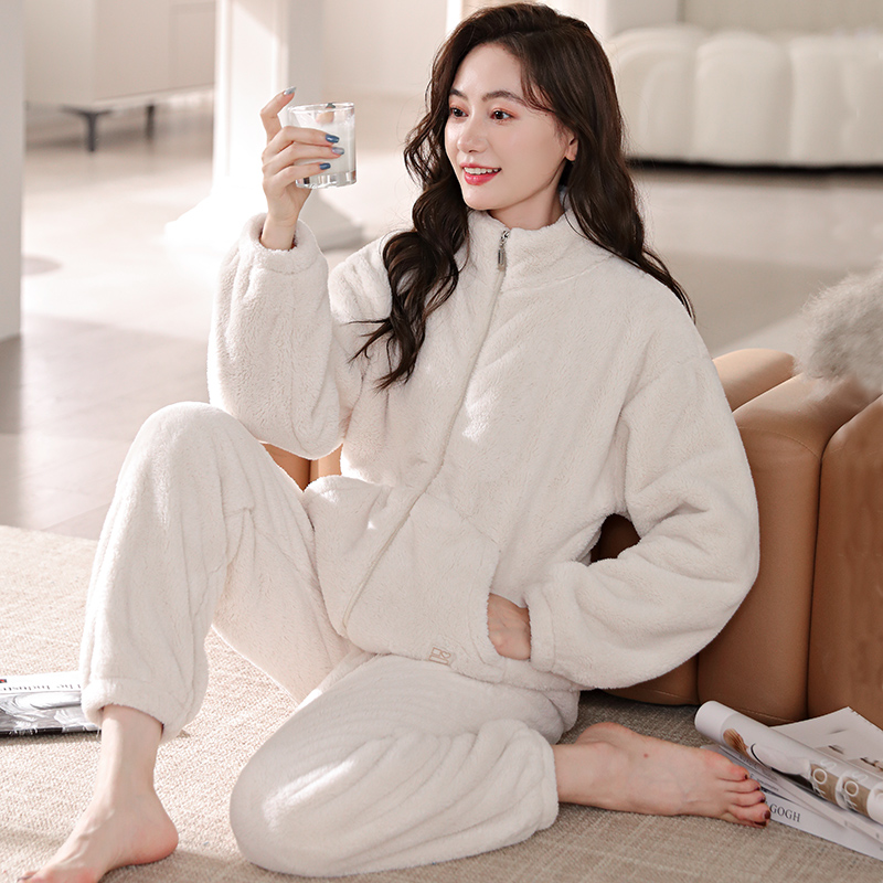 女士珊瑚绒加厚睡衣简约拉链款