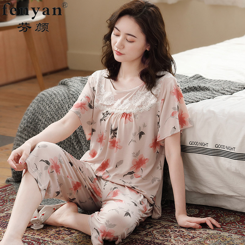 睡衣女夏妈妈短袖莫代尔棉绸薄款七分裤两件套夏天中老年人家居服
