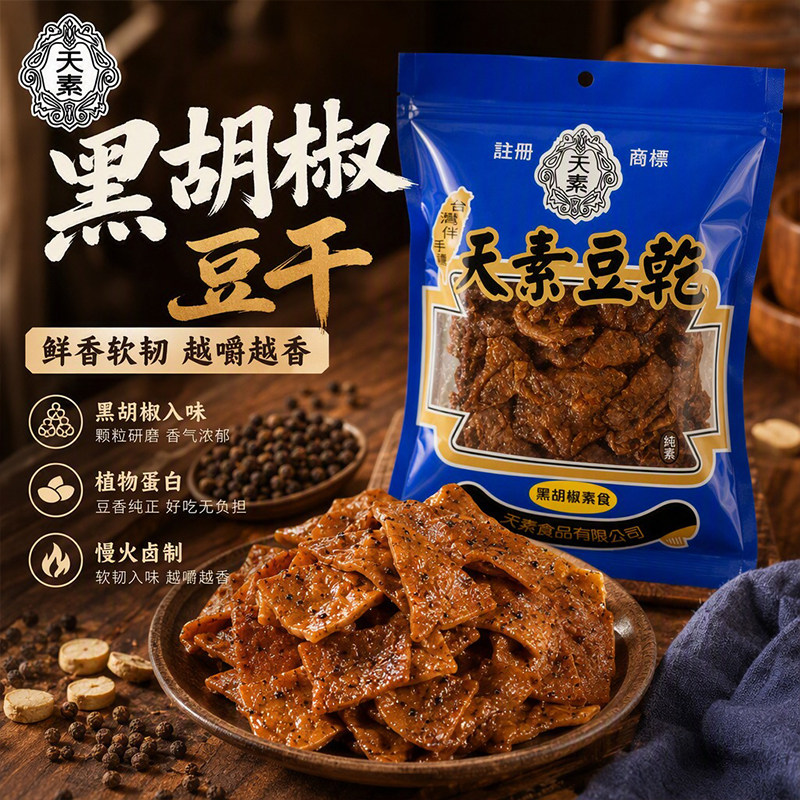 天素黑胡椒豆干250g台湾进口纯素零食豆干办公室追剧解馋休闲小吃