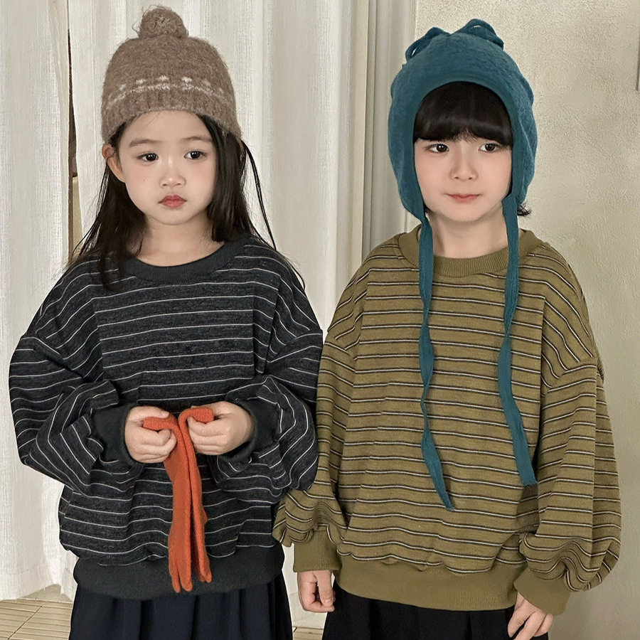 韩韩童品2026儿童秋季新款条纹圆领卫衣男女宝宝宽松蝙蝠袖上衣