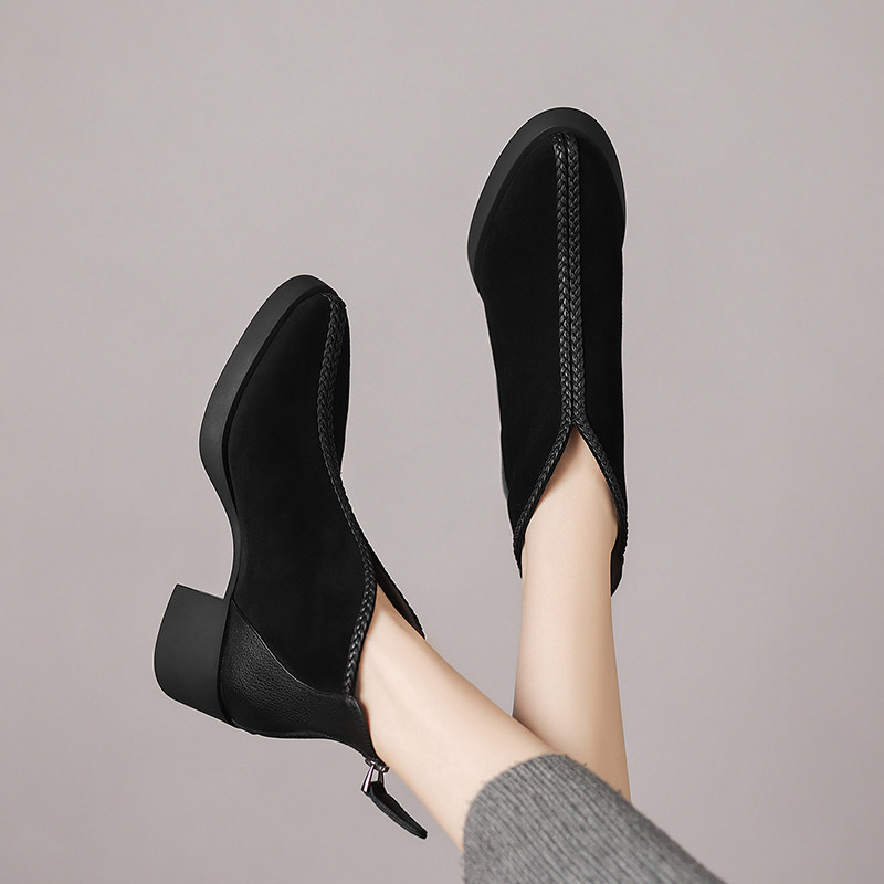 羊皮磨砂时装靴粗跟短靴女百搭瘦瘦靴法式新款马丁靴通勤短筒女靴,女鞋,时装靴,淘宝优惠券,粉丝福利购,淘宝优惠卷