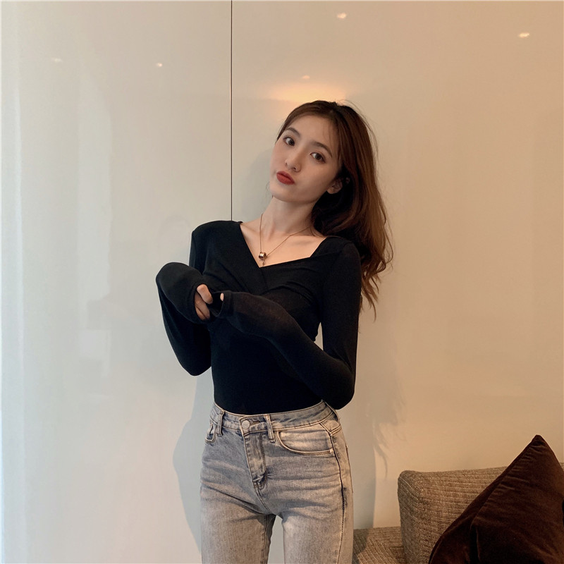 咖啡色打底衫女秋冬内搭纯棉小心机设计感修身显瘦长袖不规则上衣