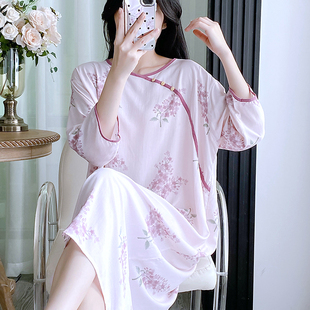 大码 绵绸薄款 圆领国风宽松可外穿连衣裙 棉绸新中式 睡裙女士春夏季