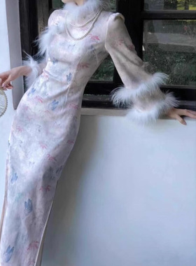 香妃迷蝶国风新中式加绒厚款仙气温柔蝴蝶暗纹提花旗袍连衣裙冬季