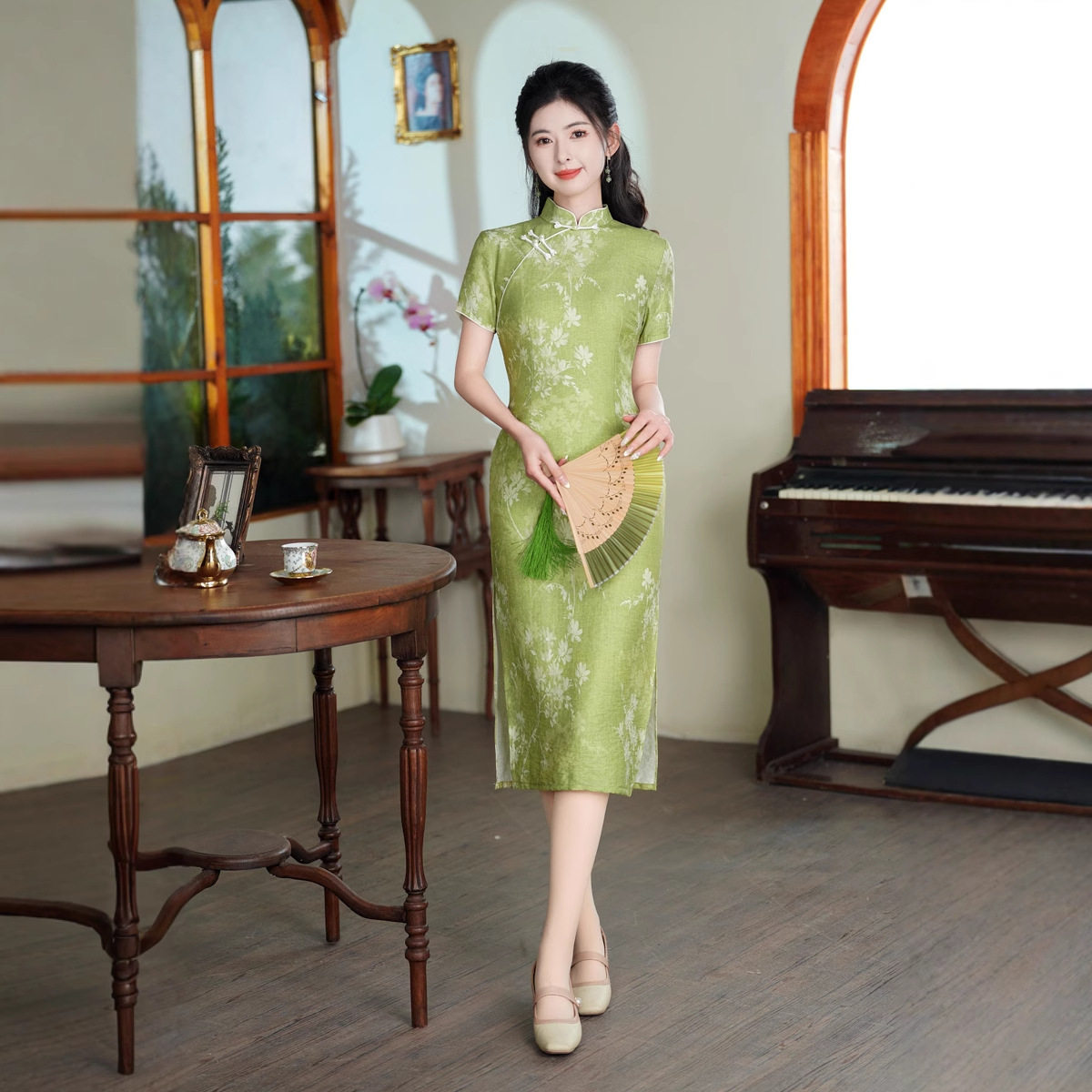春夏季新款厚丝麻印花珍珠扣旗袍 清新典雅淑女风知性气质长旗袍