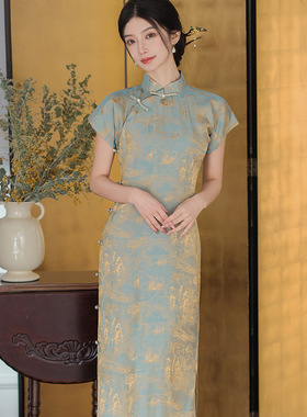 新款丝棉提花优雅复古宫廷风旗袍 春夏季知性全开襟宴会旗袍