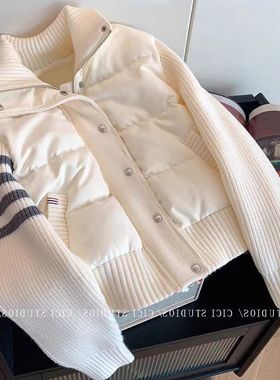 2025春秋设计感拼接针织立领轻薄夹棉外套女上衣时尚保暖棉衣