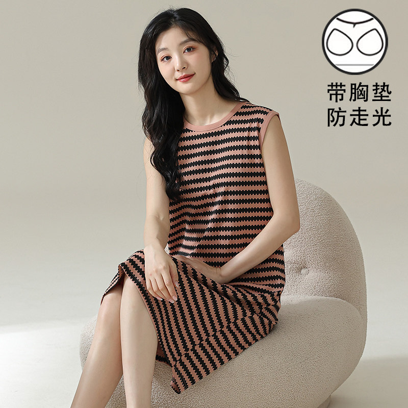 2025休闲背心睡裙夏季女款带胸垫夏天无袖纯棉薄款条纹性感连衣裙