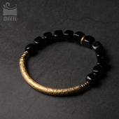 曲尾花黑曜石复古铜手链情侣 原创小众设计首饰女 简约百搭手串男