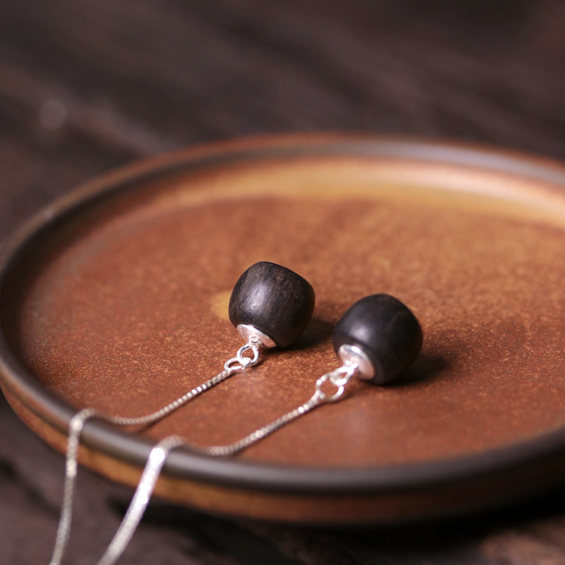 曲尾花几何简约黑檀木耳坠文艺气质女银耳线复古乌木手工百搭饰品