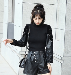 真皮小衫 可拆卸全皮绵羊皮袖 显瘦女装 女冬修身 针织毛衣高弹 打底衫