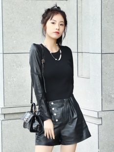 短内搭修身 绵羊皮袖 羽绒棉袖 女冬真皮高领圆领针织毛衣小衫 打底衫