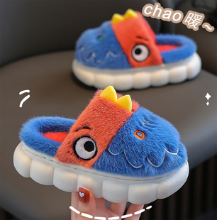 宝宝毛毛鞋 2023新款 男孩女童居家包跟加厚恐龙棉鞋 冬季 儿童棉拖鞋
