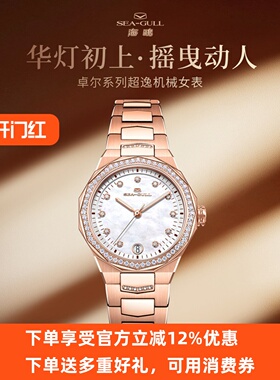 海鸥表1140L卓尔系列镀玫瑰金镶钻奢华超薄自动机械日历女表
