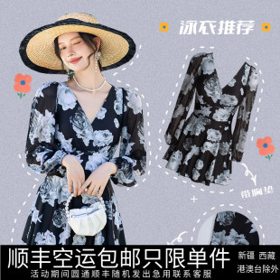 泡温泉泳装 泳衣女2023新款 花色黑玫瑰高级感长袖 微胖大码 连体裙式