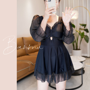 防晒温泉 长袖 泳衣女大码 胖mm200斤显瘦遮肚保守微胖女孩连体裙式