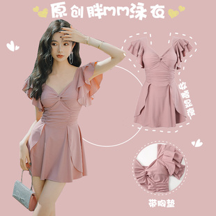 遮肉泳装 新款 微胖女孩连体泳衣保守小胸性感纯欲风显瘦泡温泉裙式