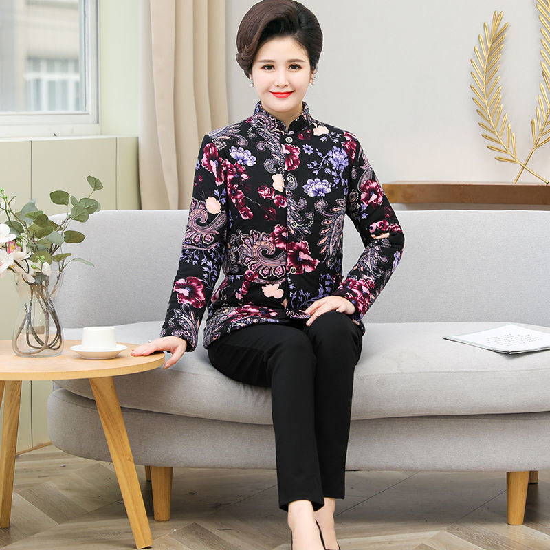 冬季羊绒棉衣女收腰短款蚕丝花棉袄加厚加绒保暖外套中老年妈妈装
