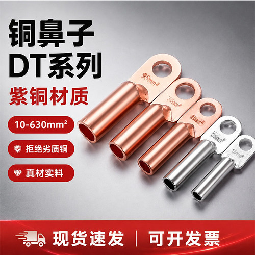 DT铜鼻子接线端子电线铜线鼻子镀锡堵油铜接头25/35/50平方铜线耳