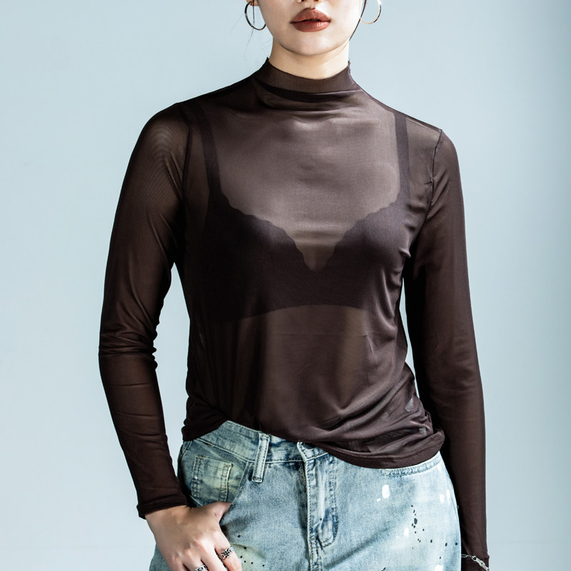 网纱透视性感高领打底T恤女2026春季新款长袖辣妹薄款通勤上衣