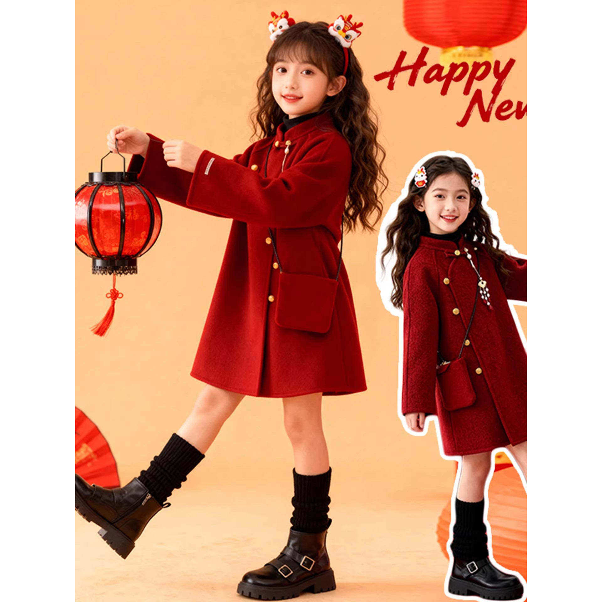 女童红色拜年呢子大衣女秋冬新款牛角扣中长款毛呢外套新年过年服,童装/婴儿装/亲子装,唐装,淘宝优惠券,粉丝福利购,淘宝优惠卷