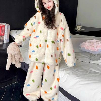 女童连帽法兰绒可外穿睡衣套装2025秋冬新款儿童珊瑚绒家居服女孩