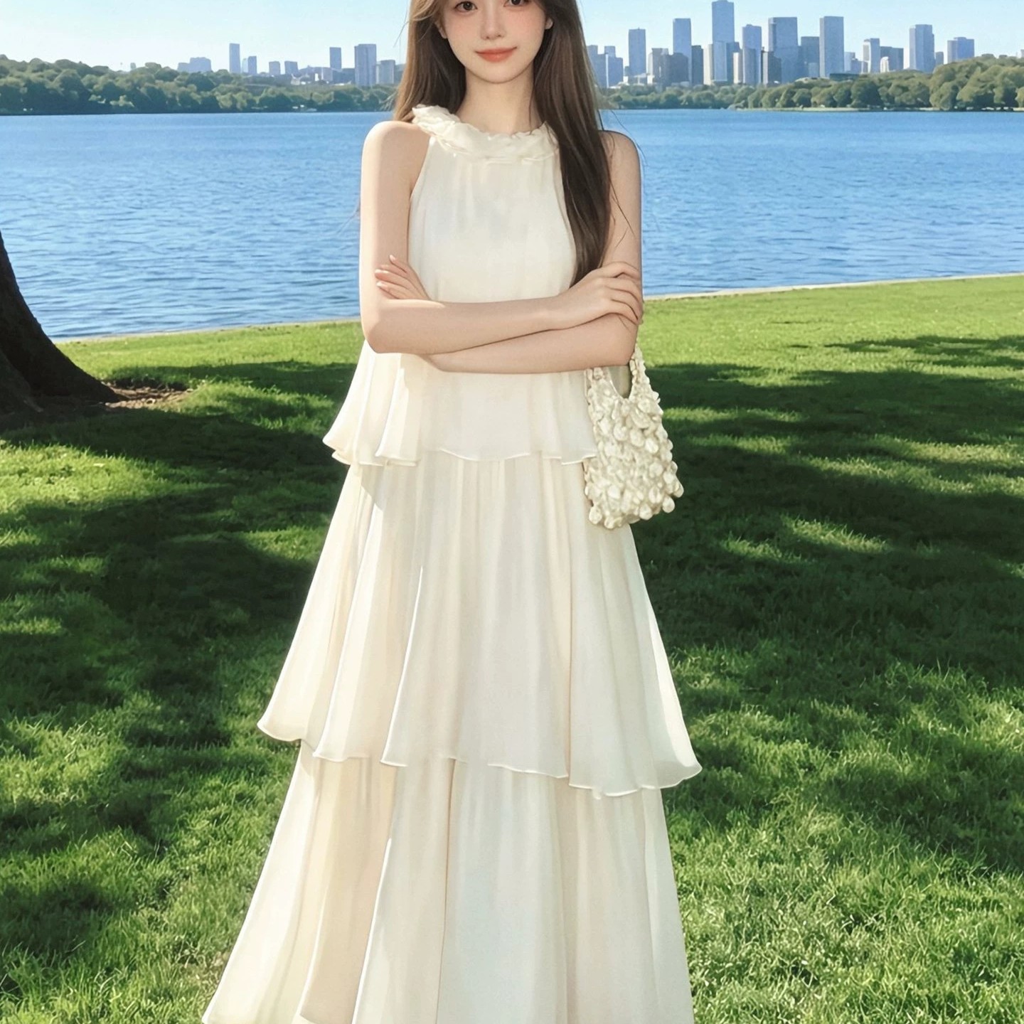 初夏无袖挂脖白色雪纺蛋糕长裙2026新款巨好看蓬蓬公主连衣裙子女