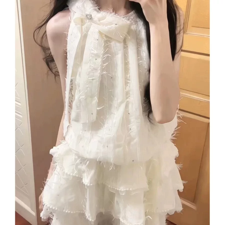 富家千金挂脖连衣裙女童夏季高级感公主蛋糕裙甜美少女收腰蓬蓬裙