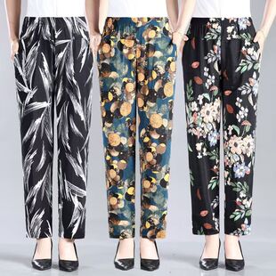奶奶夏季女裤松紧腰花裤子2025新款妈妈婆婆老太太高弹力冰丝薄裤