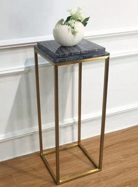 现代简约拉丝黄铜花架时尚花几黑色大理石装饰架雕塑台花盆架花几