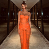 Ahagaga 性感蕾丝单层透视包臀连衣裙欧美辣妹一字肩抹胸露背长裙