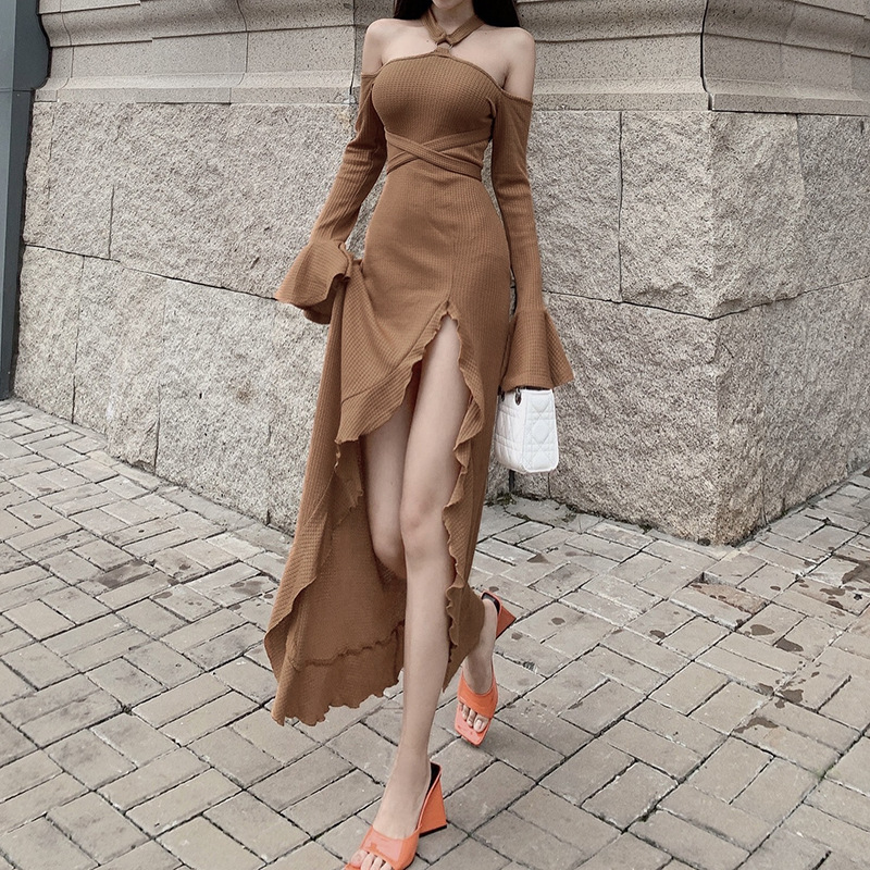 Ahagaga 法式气质喇叭袖挂脖绑带连衣裙欧美性感露背开叉辣妹长裙